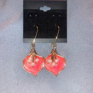 Gold Tone and Pink Floral Earrings